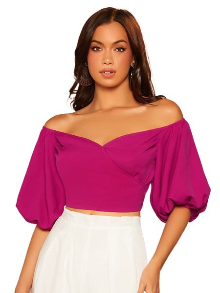 

off shoulder lantern sleeve shirred back blouse q2wo#, White