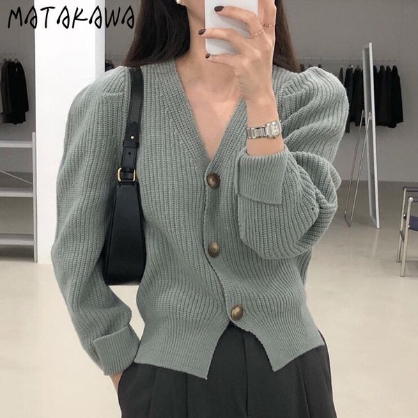 

solid color longsleeved knitted cardigan korea chic vneck woman sweaters three buttons loose casual sweater women 210506, White