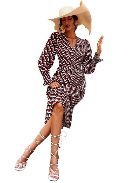 

geo print shirred cuff twist waist dress q1ae#, Black;gray