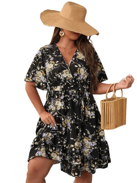 

plus floral print butterfly sleeve layered hem belted dress 16gp#, Black