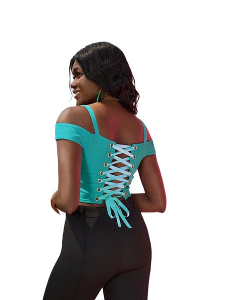 

x the lofty mom grommet lace up back cold shoulder crop s85o#, White