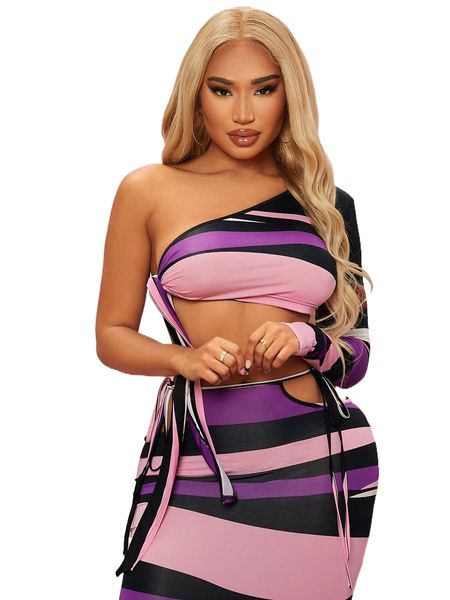 

sxy one shoulder tie side colorblock c2sl#, White