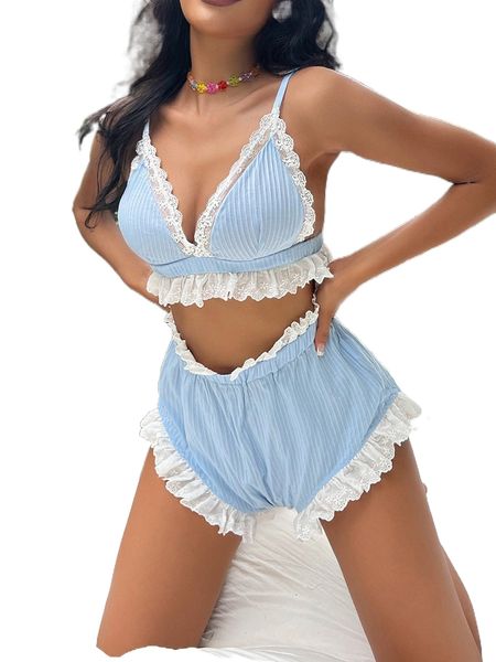 

contrast lace ruffle trim lingerie set n1af#, Black;red