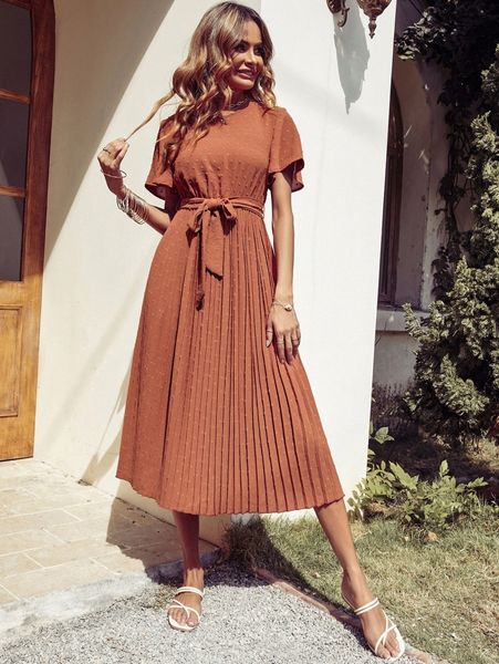 

swiss dot butterfly sleeve pleated hem belted dress r9xp#, Black;gray