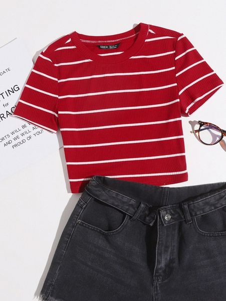 

striped rib-knit tee g6px#, White