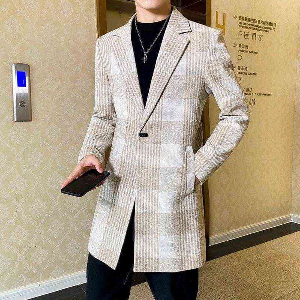 

men's wool & blends m-3xl mens coats winter male jackets suit collar long sleeve plaid slim casual outerwear clothes hc116 t220810, Black