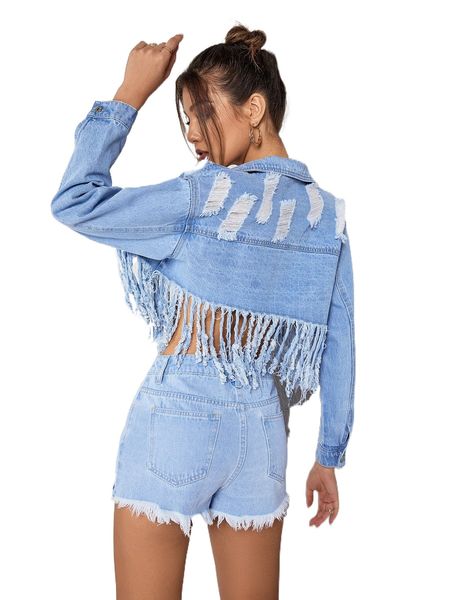 

ripped fringe hem denim jacket 27hb#, Black;brown