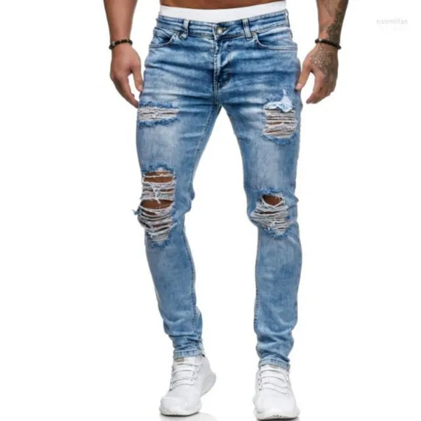 Jeans masculinos Men Ripped Biker Skinny Sky Blue Classic Pants Street Locomotive Denim Troushers Dating Business Cowboy NAOM22