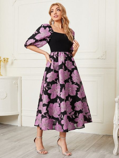 

puff sleeve floral jacquard dress r2ug#, Black;gray