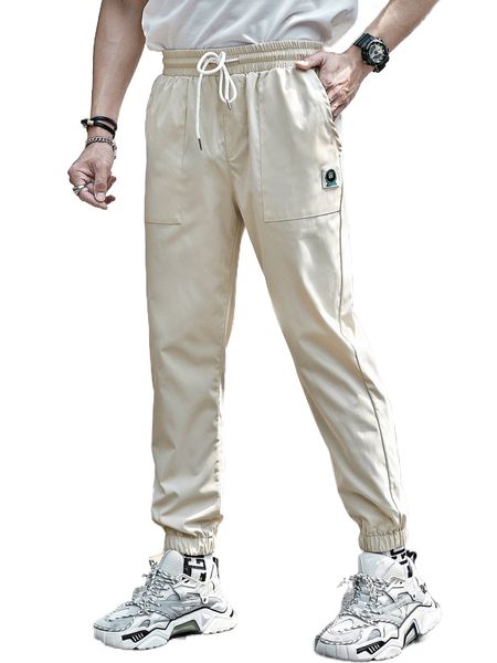 

men patched slant pocket drawstring waist pants m4hx#, Black