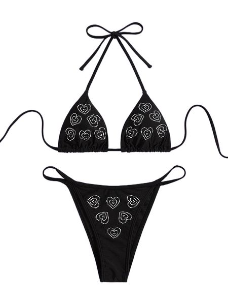 

heart print rhinestone studded halter triangle bikini swimsuit l1cr#, White;black