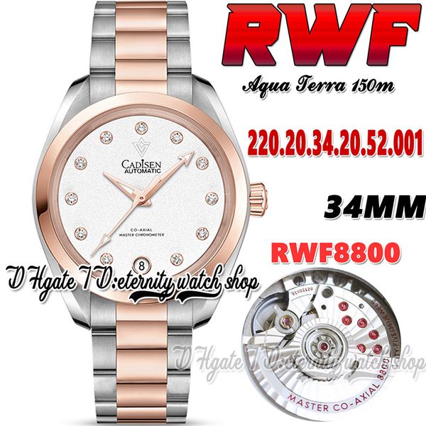 Orologio da donna automatico RWF Aqua Terra 150M A8800 220.20.34.20.52.001 34MM Quadrante bianco Lunetta in oro rosa Bracciale bicolore in acciaio inossidabile Orologi Super Edition Eternity