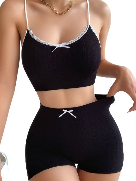 

seamless contrast lace bow decor lingerie set o4ih#, Black;red