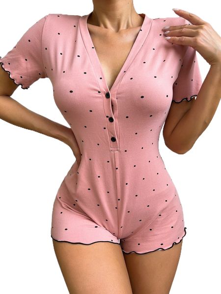 

polka dot lettuce trim button front sleep romper 66rd#, Black;red