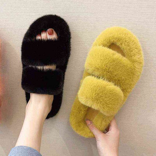 

slippers 2022 winter keep warm women fur furry for home fluffy soft indoor slides thick flats heel non slip house shoes 220329, Black