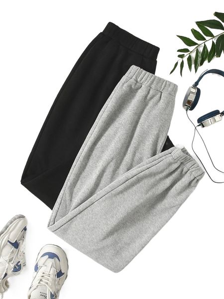 

2pcs solid elastic waist sweatpants e3vi#, Black;white