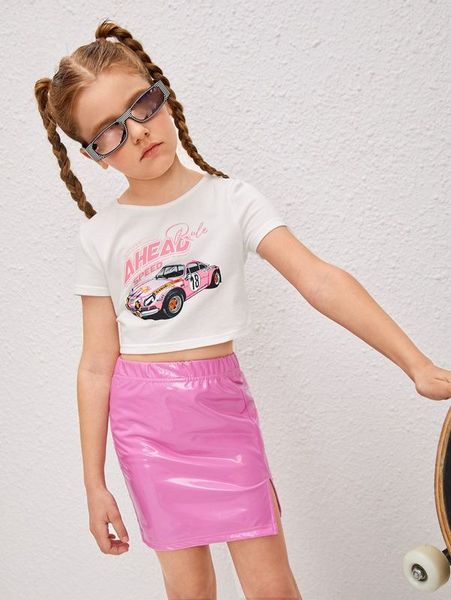 

sheen girl's car and letter graphic t-shirt and slit skirt she, White