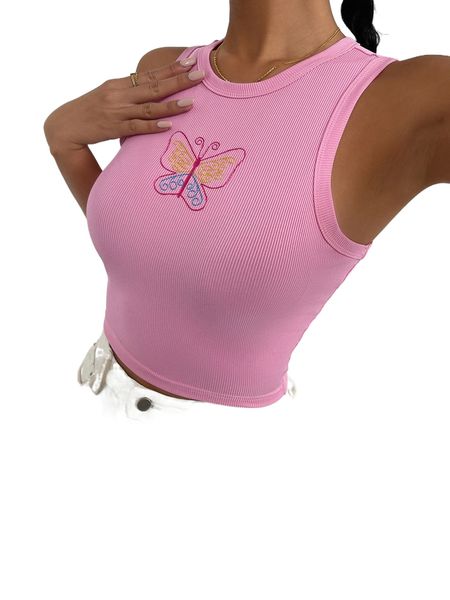 

ribbed knit butterfly embroidered crop tank y1tt#, White