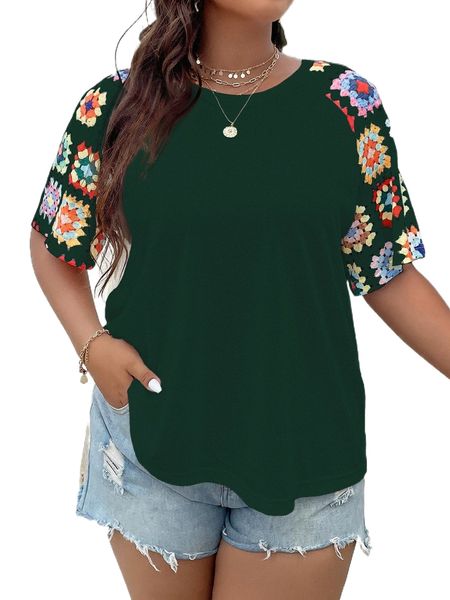 

plus graphic print contrast raglan sleeve tee 43c8#, Black