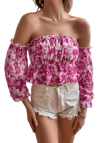 

off shoulder floral print ruffle hem crop blouse 04m1#, White