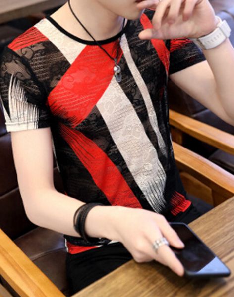 

summer male t shirts crew neck cotton breathable black see through tee for men aa, White;black