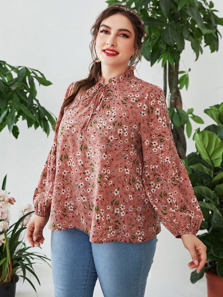 

plus ditsy floral frill tie neck lantern sleeve blouse 87t5#, Black