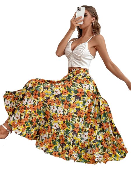 

allover floral print ruffle hem skirt a5di#, Black