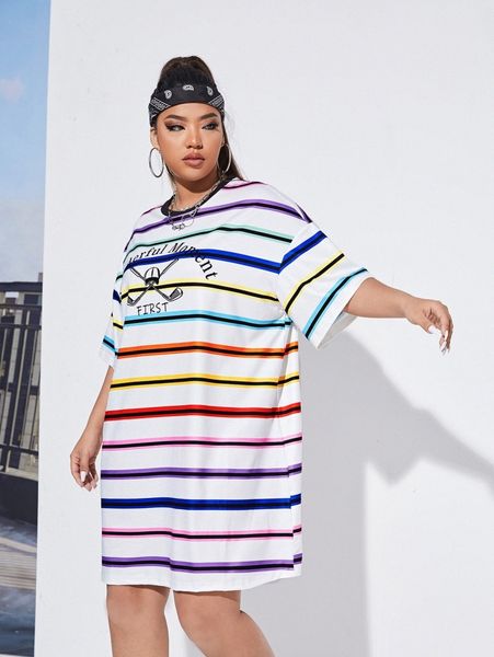 

plus letter graphic striped tee dress k2ks#, Black