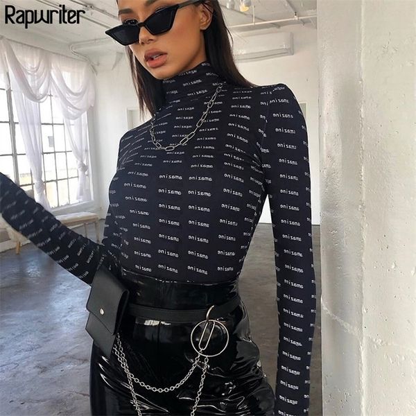

rapwriter fashion letter print skinny turtleneck bodysuits women 2020 autumn streetwear long sleeve open crotch bodysuit mujer lj200814, Black;white