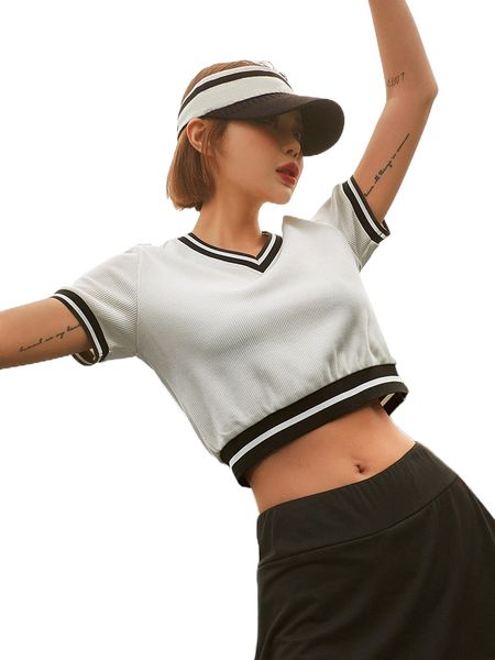 

dazy striped trim crop m2rl#, White