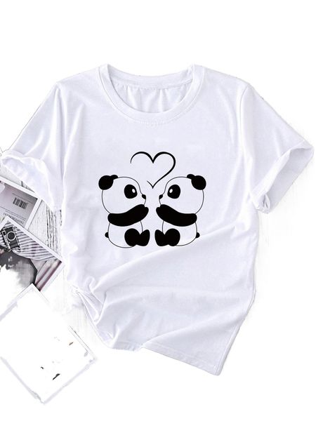 

panda & heart print tee o56x#, White