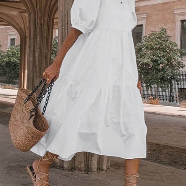 

summer dress vintage lantern sleeve midcalf dress beach bohemian women'summer sundress vonda casual vestido oversized 220602, Black;gray