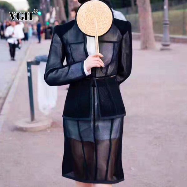 

hollow out three piece set for women patchwork mesh lapel long sleeve high waist dresses casual black sets female 210507, Black;gray