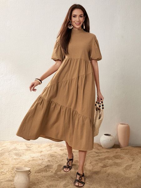 

mock neck puff sleeve ruffle hem dress o3ml#, Black;gray