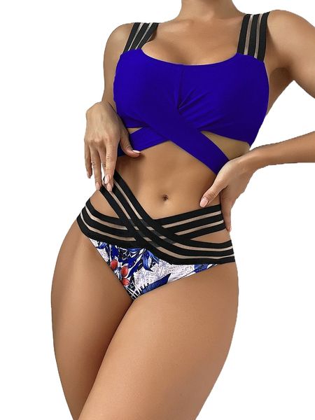 

random tropical print crisscross tie back high waist bikini swimsuit q2hq#, White;black