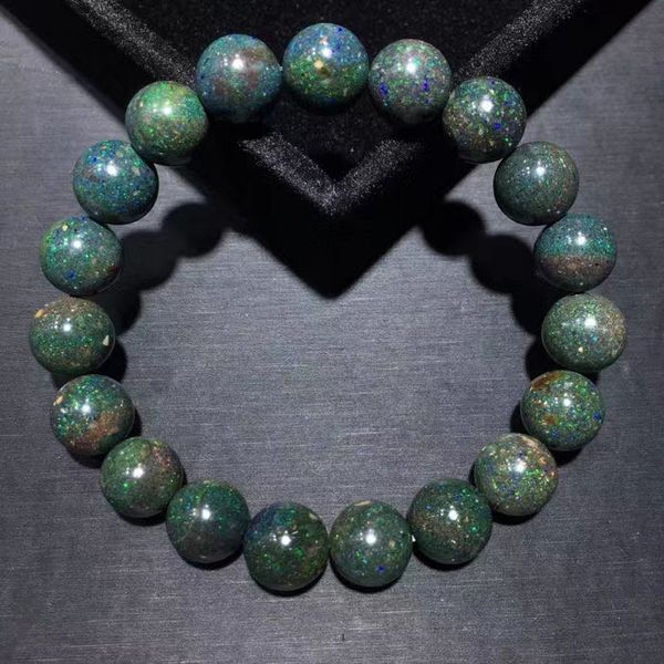 

10.7mm natural black opal bracelet round beads colorful opal flash light gemstone stretch women men jewelry aaaaa, Silver