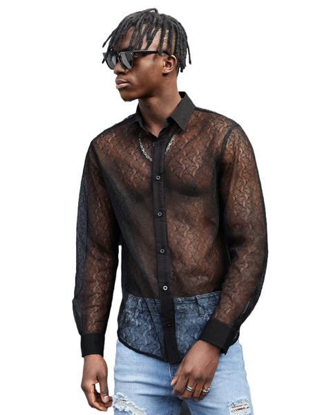 

men button front sheer lace shirt d19i#, White;black