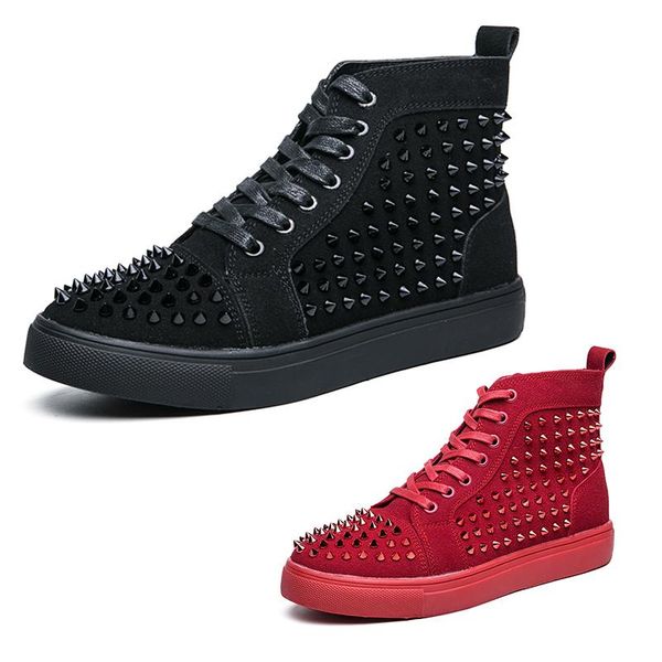 

designer luxury punk black red casual shoes studded spikes flat sneakers for men glitter party high suede genuine leather rivet sneaker