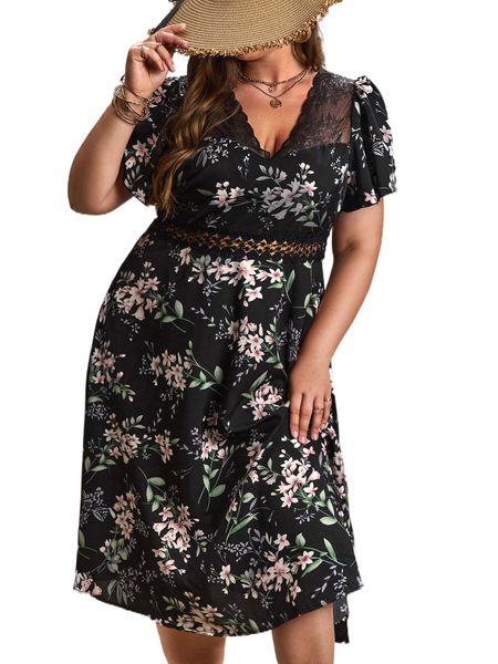 

plus floral print contrast lace flutter sleeve dress z7qu#, Black