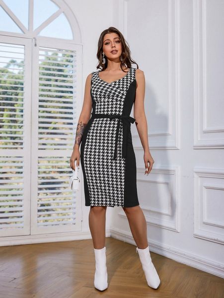 

houndstooth paneled self belted dress a3hz#, Black;gray