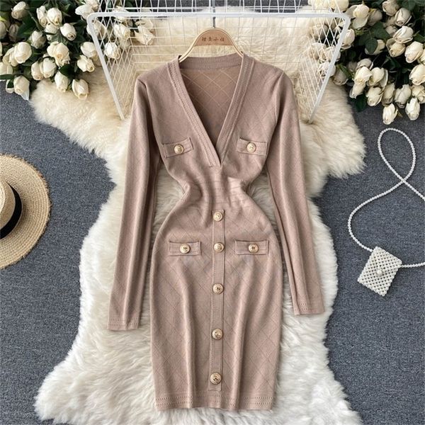 

fmfssom 2022 autumn knitting mini dress women black hight street deep v-neck dress gold button retro adjustable clothes 220316, Black;gray