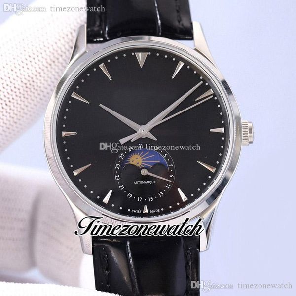 Master Ultra Thin Q1368430 Moon Phase Orologio automatico da uomo Cassa in acciaio Quadrante nero Indicatori a bastone argento Cinturino in pelle Timezonewatch Y10b2