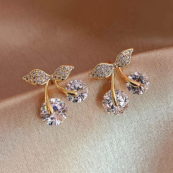 

temperament cherry earrings crystal stud earring simple shiny cz diamond earrings beautiful jewelry gifts for women, Golden;silver