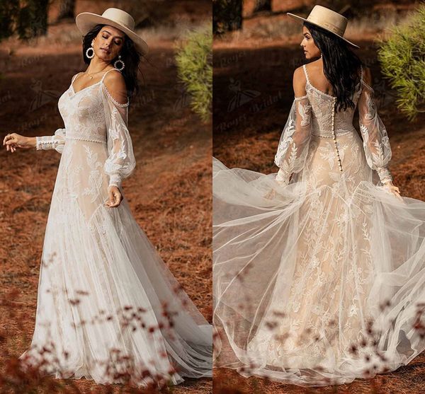 

champagne lining bohemian boho wedding dress with back buttons long puff sleeve lace appliques v neck spaghetti straps 2022, White