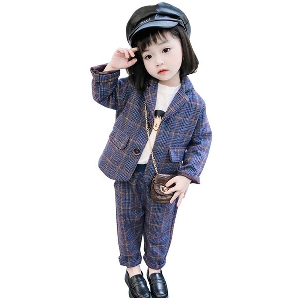 

toddler girls suit set jacket pants children's clothes for girls plaid pattern kids girls clothes casual style tracksuit kids 210412, White
