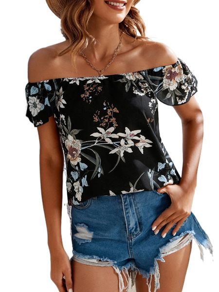 

floral print off-shoulder blouse h3l8#, White