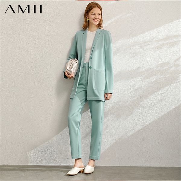 Amii Minimalist Spring Office Lady Due pezzi Set Donna Moda Risvolto Solid Blazer Pantaloni a vita alta Donna LJ200907