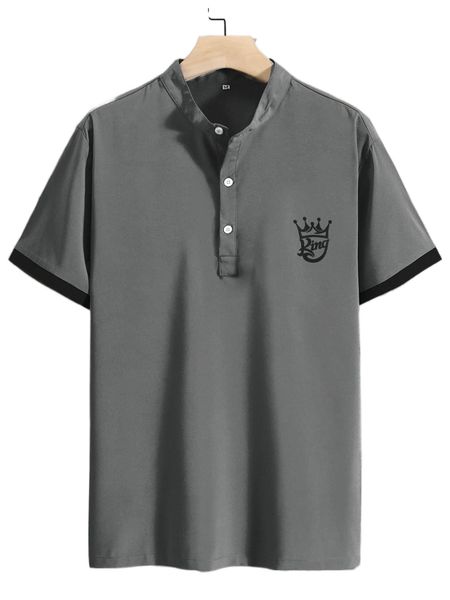 

men crown & letter graphic contrast trim half button shirt p9d4#, White;black