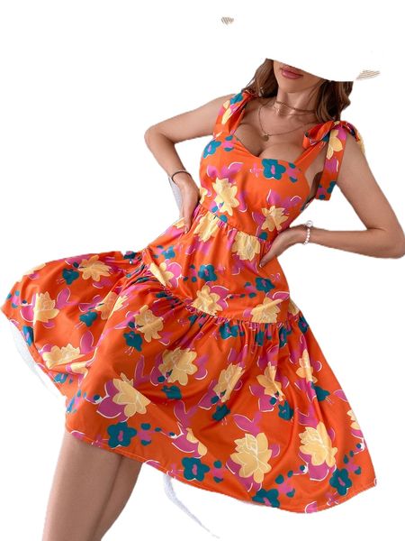 

allover floral print tie shoulder ruffle hem dress m6ub#, Black;gray