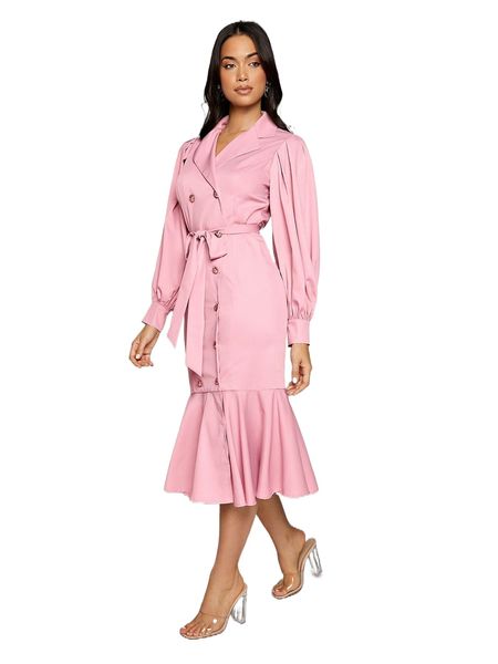 

lapel neck bishop sleeve double breasted mermaid hem belted coat v0wv#, Black